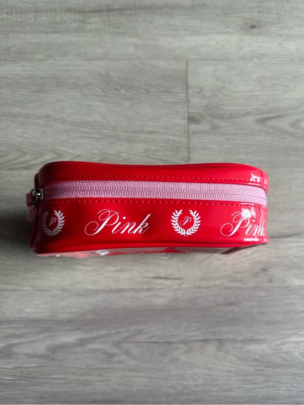 Victoria's Secret PINK Cosmetic Makeup Pouch Case Red Patent with Pink Zipper